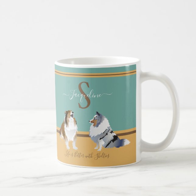 Caneca De Café Shetland Sheepdog, Sheldon, em Verde e Amarelo (Direita)