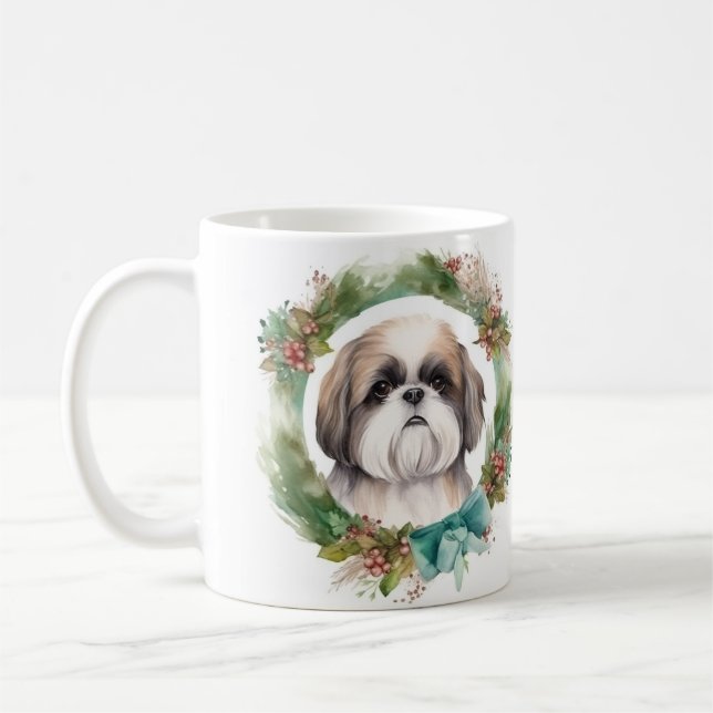 Caneca De Café Shih Tzu Christmas Wreath Festivo Pup (Esquerda)