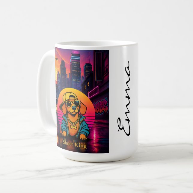 Caneca De Café Short King Dachshund Retro 80s Mug, Custom Name (Frente Esquerda)