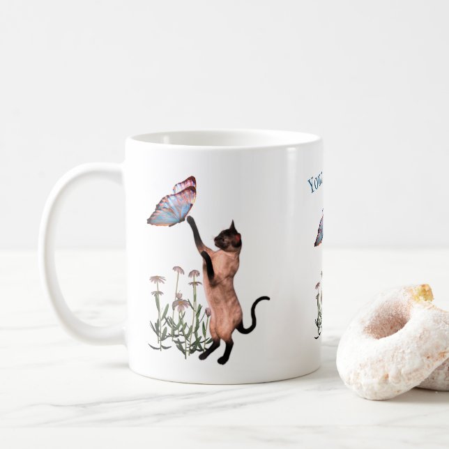 Caneca De Café Siamês Cat Butterfly Daisy Personalizado (Com Donut)