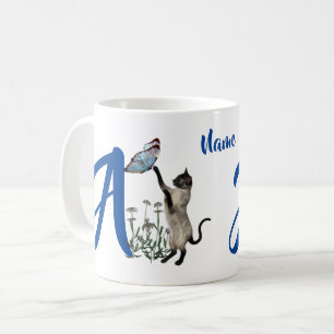 Caneca De Café Siamese Cat Butterfly Monograma Inicial A Seu Nome