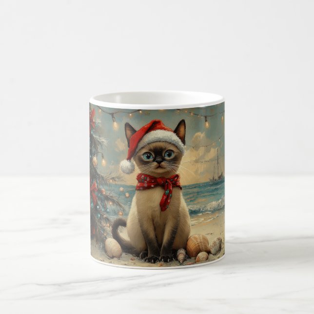 Caneca De Café Siamese Cat Christmas Vintage Beach (Centro)