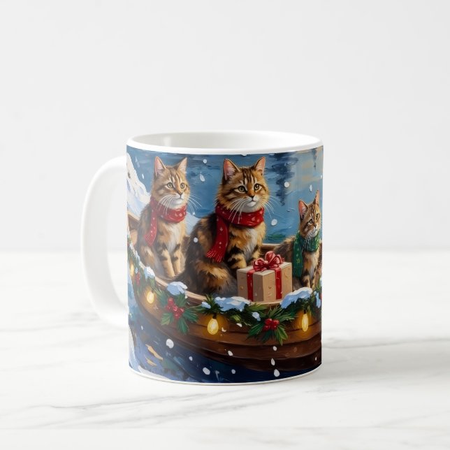 Caneca De Café Siberian Cat Christmas Boat Holiday (Frente Esquerda)