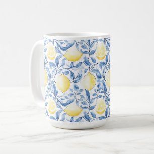 Caneca De Café Sicília Italiano Rústico Folhas Azuis Limões