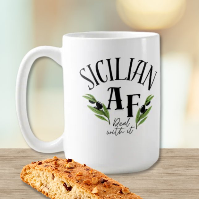 Caneca De Café Siciliano AF - Aceite - Herança Divertida (Funny Sicilian AF coffee mug with bold text and olive branch detail, celebrating Italian heritage)