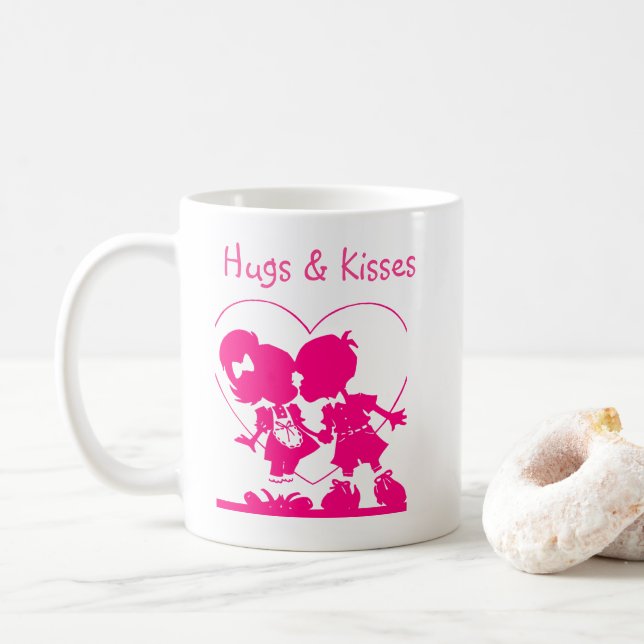 Caneca De Café Silhouter de beijos cor-de-rosa namorados (Com Donut)