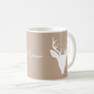 Caneca De Café Silhueta da Cabeça de Veado Branco em Bege e Nome