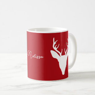 Caneca De Café Silhueta da Cabeça de Veado Branco em Vermelho com