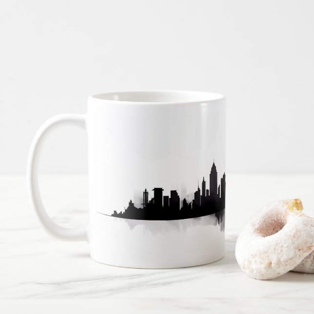 Caneca De Café Silhueta Da Cidade No Estilo Pintura (Com Donut)