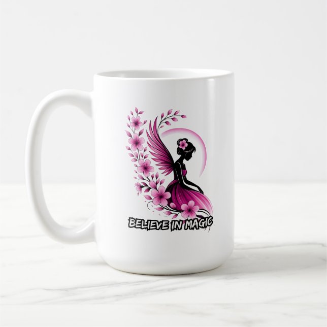 Caneca De Café Silhueta de Fada Floral Rosa (Esquerda)