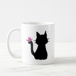 Caneca De Café Silhueta de Gato Preto Borboleta Rosa