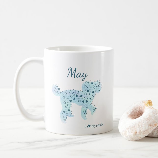 Caneca De Café Silhueta de Poodle Azul Pastel Personalizada com E (Com Donut)