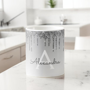 Caneca De Café Silver Sparkle Glitter Luxury Monograma