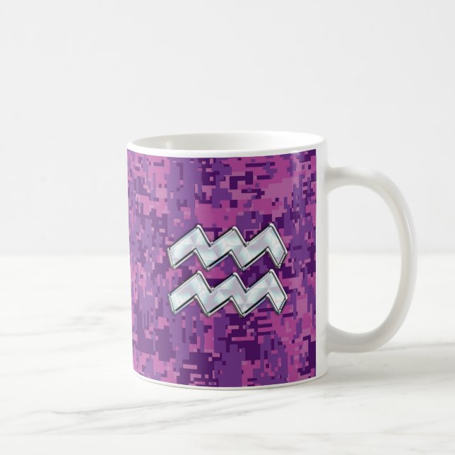 Caneca De Café Símbolo Aquarius Zodiac na Camuflagem Digital Rosa (Direita)