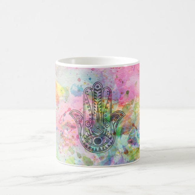 Caneca De Café Símbolo de Mão HAMSA Colorida Watercolor (Centro)