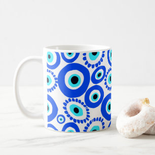 Caneca De Café Símbolo de Olho Grego Padrão Azul e Branco