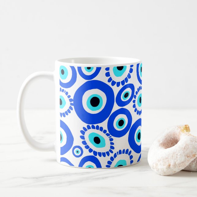 Caneca De Café Símbolo de Olho Grego Padrão Azul e Branco (Com Donut)