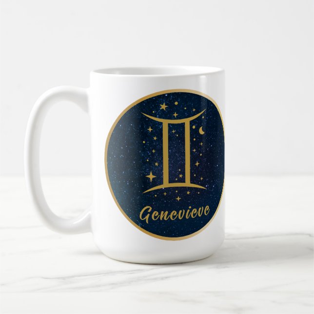 Caneca De Café Símbolo Gemini zodiano estrelas azuis de ouro pers (Esquerda)