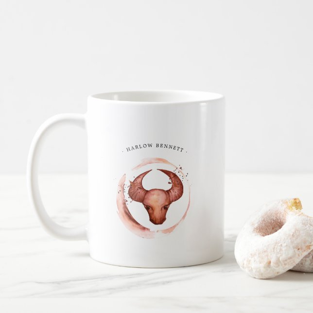 Caneca De Café Símbolo Zodiac Aquarela Taurus Astrologia | Monogr (Com Donut)