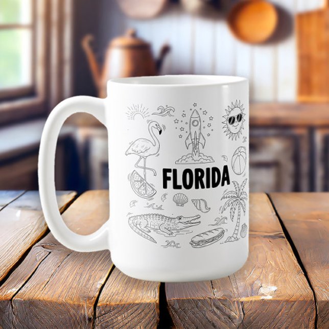 Caneca De Café Símbolos de Arte de Linha Desenhada na Flórida (Florida tourism line art mug)