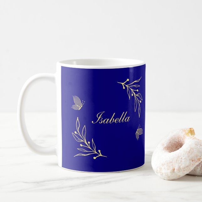 Caneca De Café Simples flores douradas elegantes azul real (Com Donut)