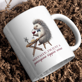 Caneca De Café Simples Pun Porcupine Sippin' Wine Funny