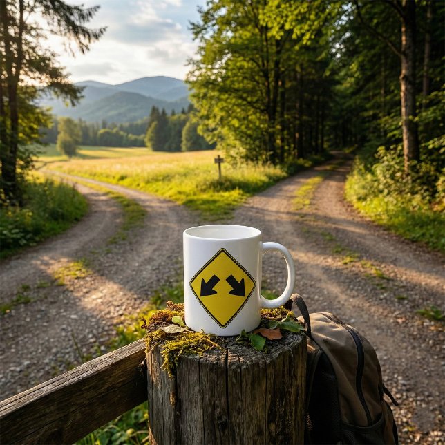 Caneca De Café Sinal de Trânsito de Aviso com Duas Setas para Bai (Criador carregado)