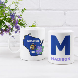 Caneca De Café Sinalizador Wisconsin e Flor Azul Violeta Nome Per