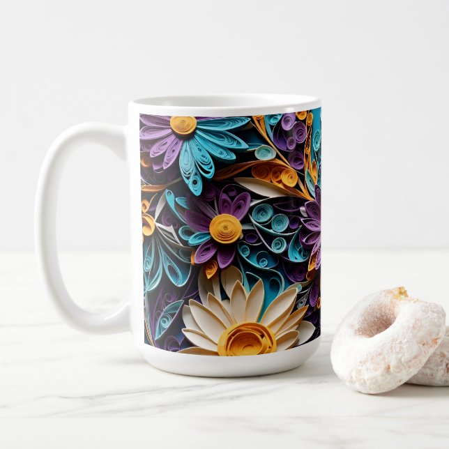 Caneca De Café Sinfonia Floral: Arte em Papel Enchida (Com Donut)