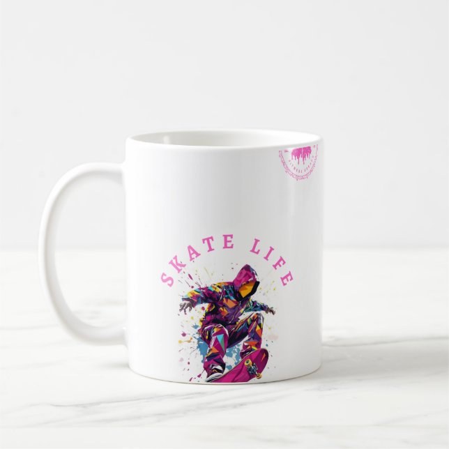 Caneca De Café Skate Vida rosa Hoodie feliz em branco (Esquerda)