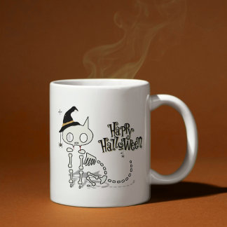 Caneca De Café Skeleton Cat & Spiders Halloween
