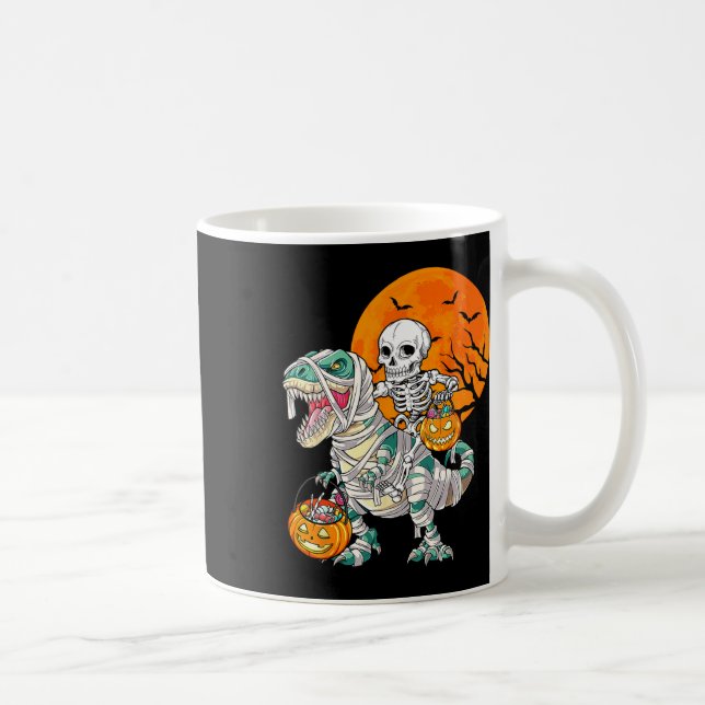 Caneca De Café Skeleton Riding Mummy Dinosaur T Rex Halloween (Direita)