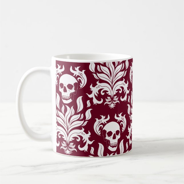 Caneca De Café Skull Flame Damask em branco nítido em vermelho pr (Esquerda)