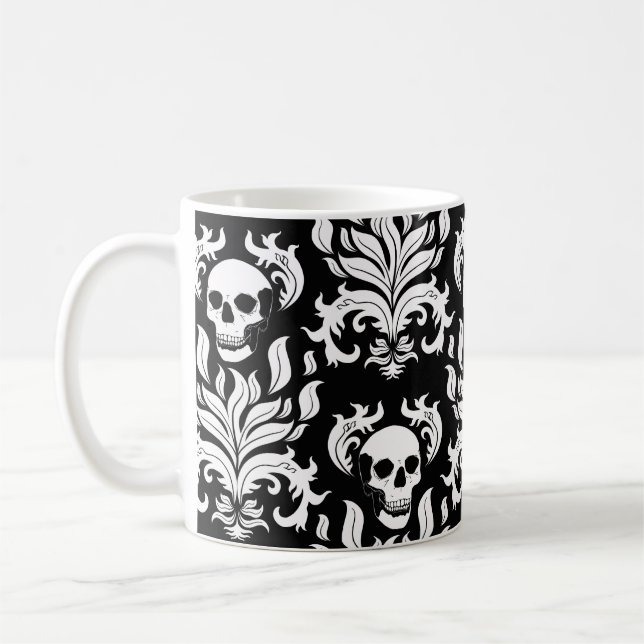 Caneca De Café Skull Flame Damask in stark white on black (Damasc (Esquerda)