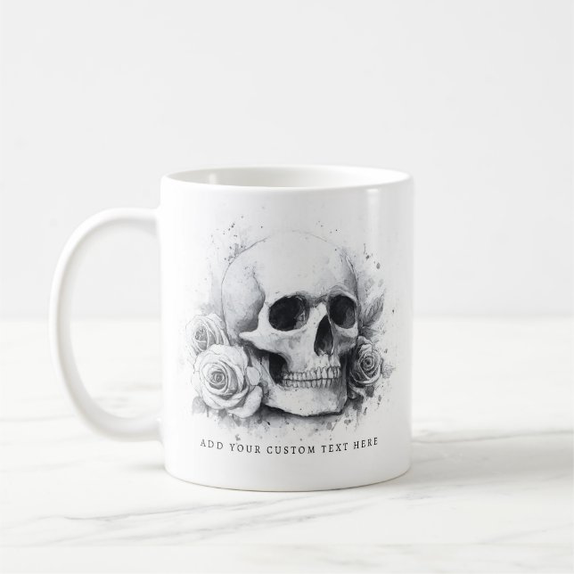 Caneca De Café Skull with roses watercolor painting (Esquerda)