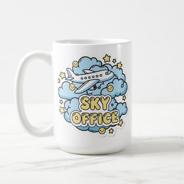 Caneca De Café Sky Office - Avião Fofo e Nuvens Cartoon (Esquerda)