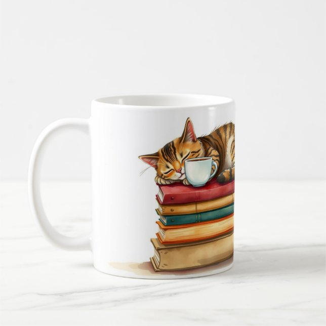 Caneca De Café Sleepy Cat Napping On Coffee Funny Personalized (Esquerda)