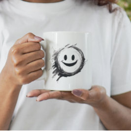 Caneca De Café Smiley face preto e branco maluco e feliz