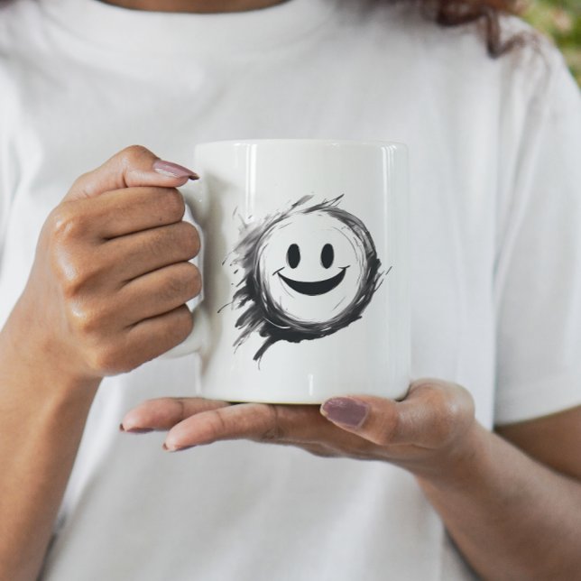 Caneca De Café Smiley face preto e branco maluco e feliz (Crazy happy smiley face coffee cup mug)