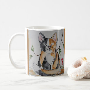 Caneca De Café Smug Calico Cat e Bamboo Oriental Style Art Azulej