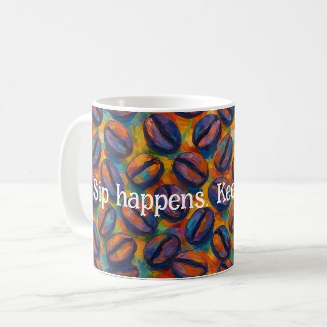 Caneca De Café Snarky "Sip Happens - Continue Caindo" Arte Fauvis (Frente Esquerda)