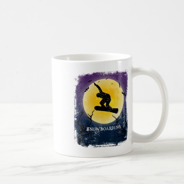 Caneca De Café Snowboard Silhueta de Lua Cheia Retro Halloween (Direita)