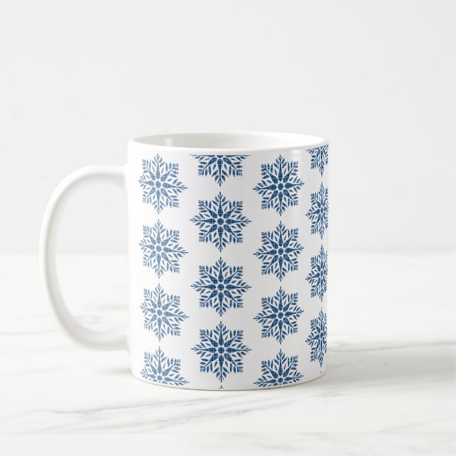 Caneca De Café Snowflake Plaid Pattern Blue Holiday (Esquerda)