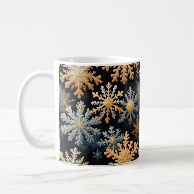 Caneca De Café  Snowflakes Magic Christmas Black Gold Blue (Esquerda)