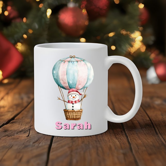 Caneca De Café Snowman, Balão de Ar Quente, Nome Personalizado Na (Hot Air Balloon Snowman Custom Name Christmas Coffee Mug
)