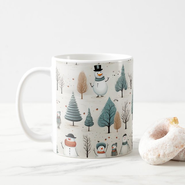 Caneca De Café Snowman e árvores (Com Donut)