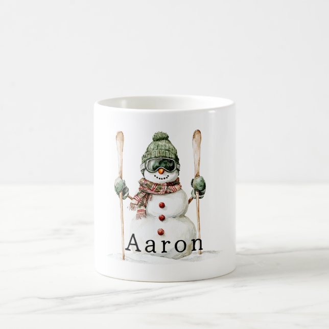 Caneca De Café Snowman Green Hat Snow Skis  (Centro)
