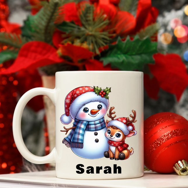 Caneca De Café Snowman Personalizado e Reindeer Natal (Personalized Snowman & Reindeer Christmas Coffee Mug)