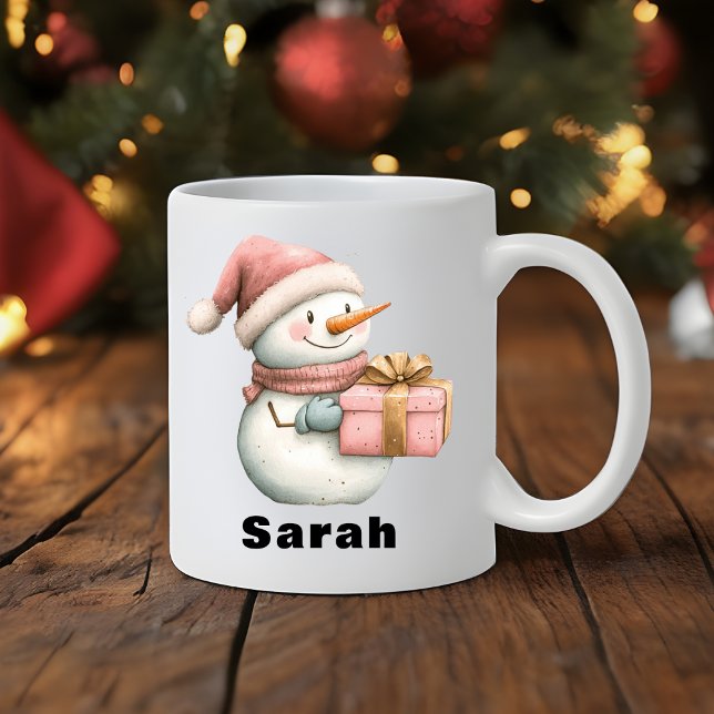 Caneca De Café Snowman Personalizado Segurando Nome Personalizado (Christmas Snowman Holding Gift Custom Name Coffee Mug
)