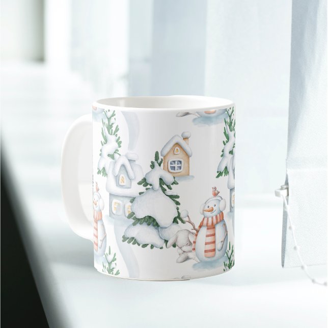 Caneca De Café Snowman Rabbit Tree House (Criador carregado)